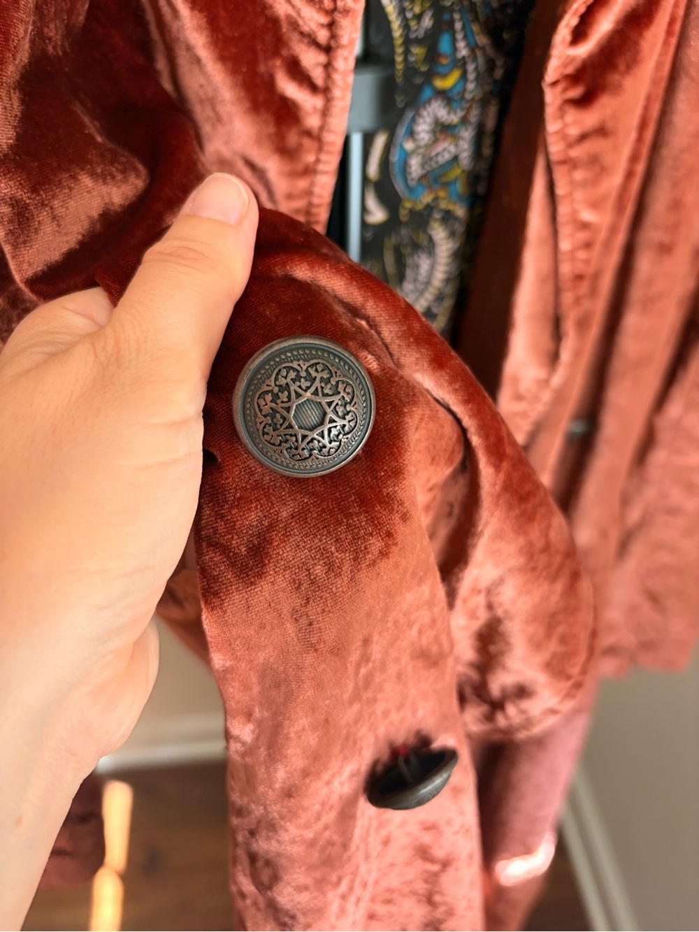 Gorgeous XS Free People Rust Velvet Coat with Ornate Buttons